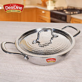 DesiDine Premium Quality Hammered Triply Steel Kadhai With Hammered Steel Lid